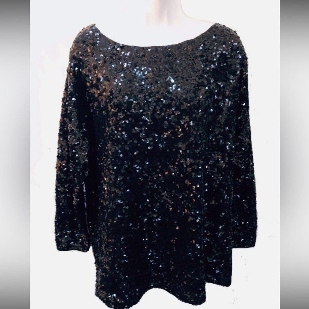 Donna Karan Vintage Sequin Silk Long Sleeve Top in Black Sz M